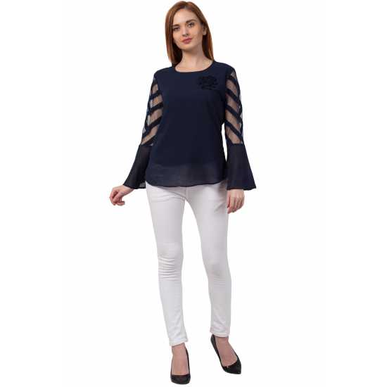 Casual Regular Sleeves Solid Women Navy Blue Top