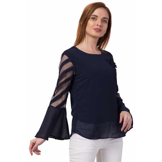 Casual Regular Sleeves Solid Women Navy Blue Top