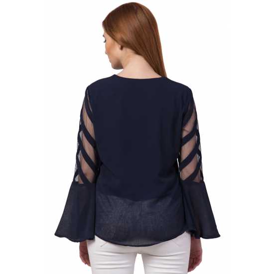 Casual Regular Sleeves Solid Women Navy Blue Top