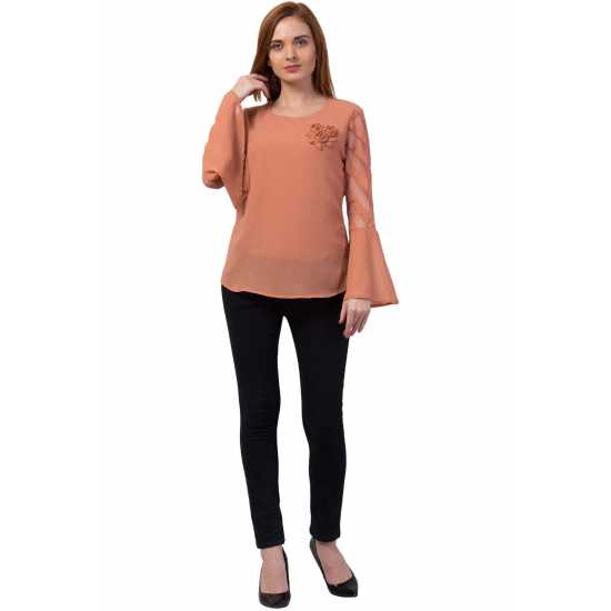 Casual Regular Sleeves Solid Women Orange Top