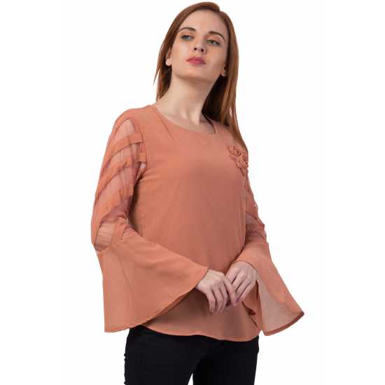 Casual Regular Sleeves Solid Women Orange Top