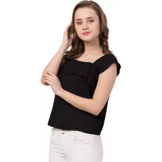 Casual No Sleeve Solid Women Black Top