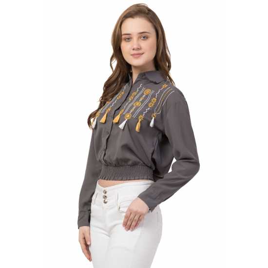 Grey Casual Wear Stylish Embroidered Full Shirt for Girls/Women 