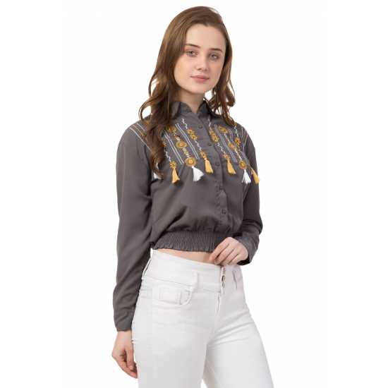 Grey Casual Wear Stylish Embroidered Full Shirt for Girls/Women 