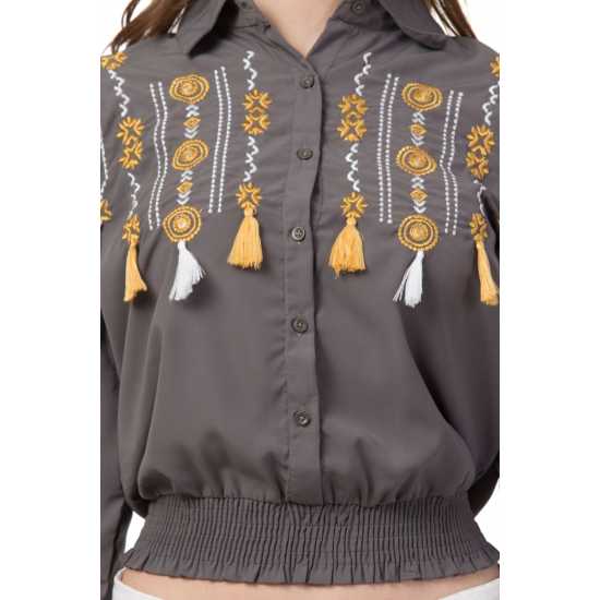 Grey Casual Wear Stylish Embroidered Full Shirt for Girls/Women 