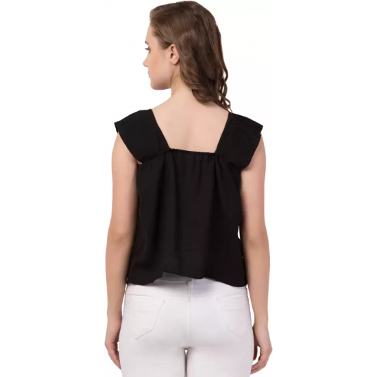 Casual No Sleeve Solid Women Black Top