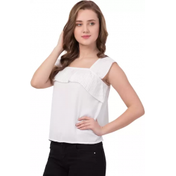 Casual No Sleeve Solid Women White Top