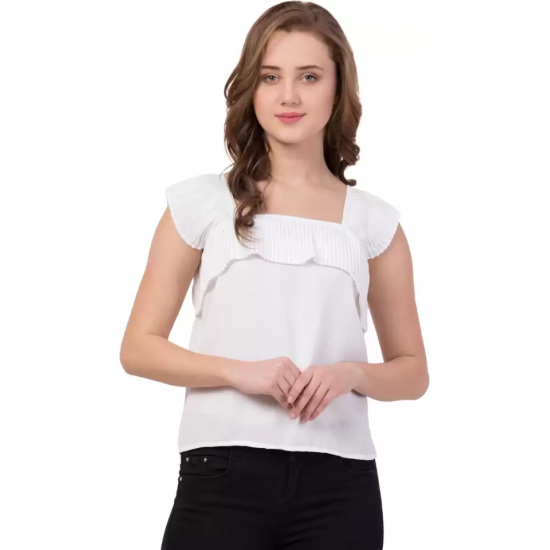 Casual No Sleeve Solid Women White Top