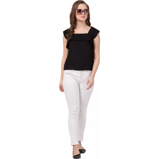 Casual No Sleeve Solid Women Black Top