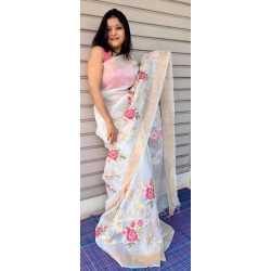 Silk Linen Saree with Beautiful Embroidered Design and Running Blouse Piece