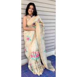 Silk Linen Saree with Beautiful Embroidered Design and Running Blouse Piece