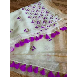 Silk Linen Saree with Beautiful Embroidered Design and Running Blouse Piece