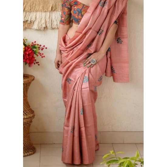 Tussar Ghicha Silk Saree with Beautiful Embroidered Design and Running Blouse Piece