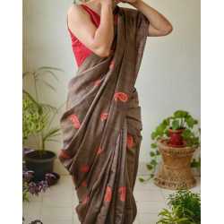 Tussar Ghicha Silk Saree with Beautiful Embroidered Design and Running Blouse Piece