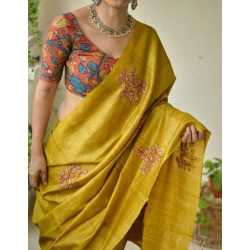 Tussar Ghicha Silk Saree with Beautiful Embroidered Design and Running Blouse Piece