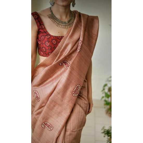 Tussar Ghicha Silk Saree with Beautiful Embroidered Design and Running Blouse Piece