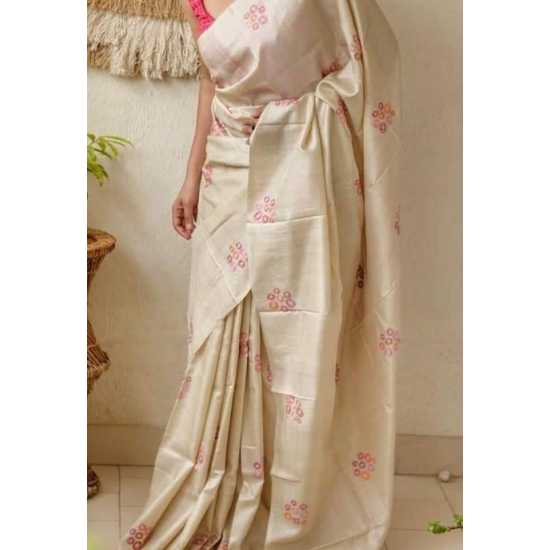 Tussar Ghicha Silk Saree with Beautiful Embroidered Design and Running Blouse Piece
