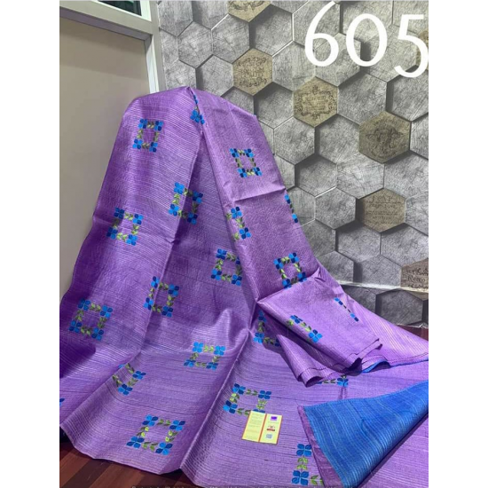 Tussar Ghicha Silk Saree with Beautiful Embroidered Design and Running Blouse Piece