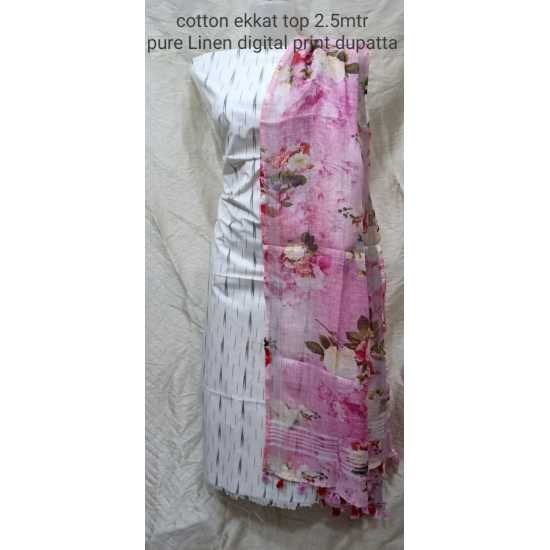 Linen Digital Print Dupatta with Cotton Ikkat Top Fabrics and No Bottom