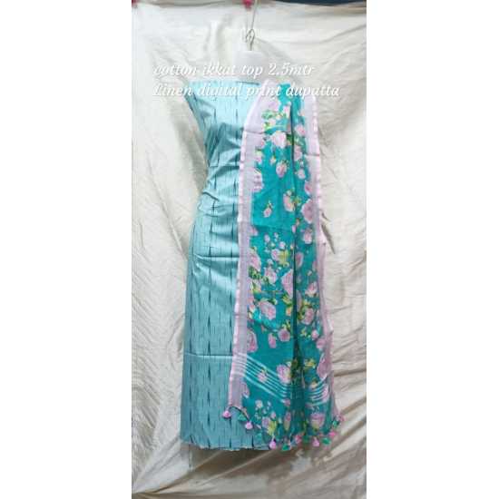 Linen Digital Print Dupatta with Cotton Ikkat Top Fabrics and No Bottom