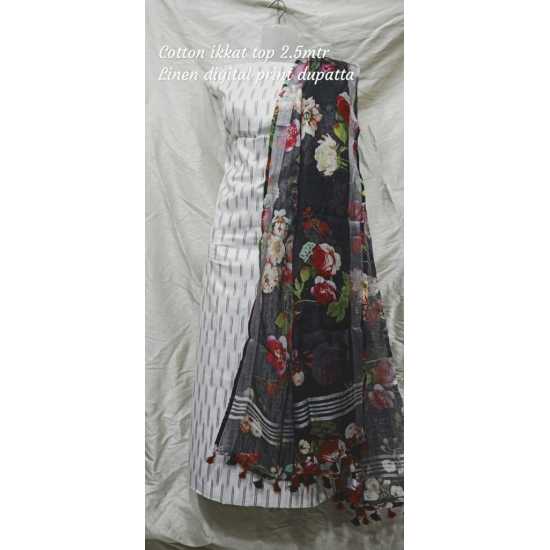 Linen Digital Print Dupatta with Cotton Ikkat Top Fabrics and No Bottom