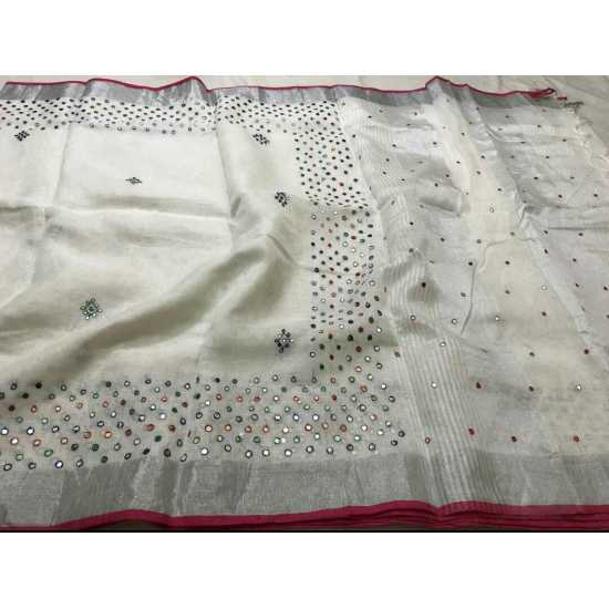 Beautiful Hand Mirror Work Designer Linen by Linen Saree