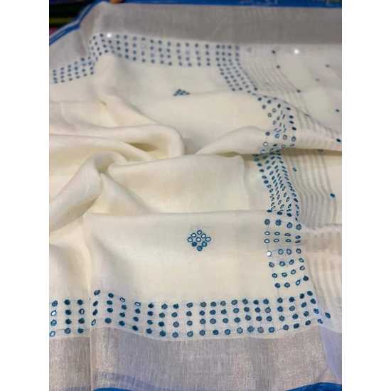 Beautiful Hand Mirror Work Designer Linen by Linen Saree