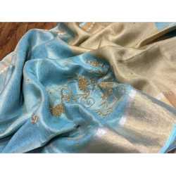 Tissue by Linen Saree with Hand Work Embroidery