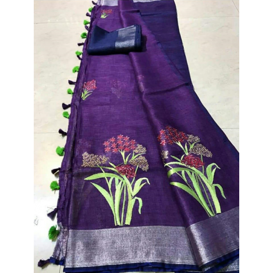 Beautiful Embroidered Designer Linen by Linen Saree