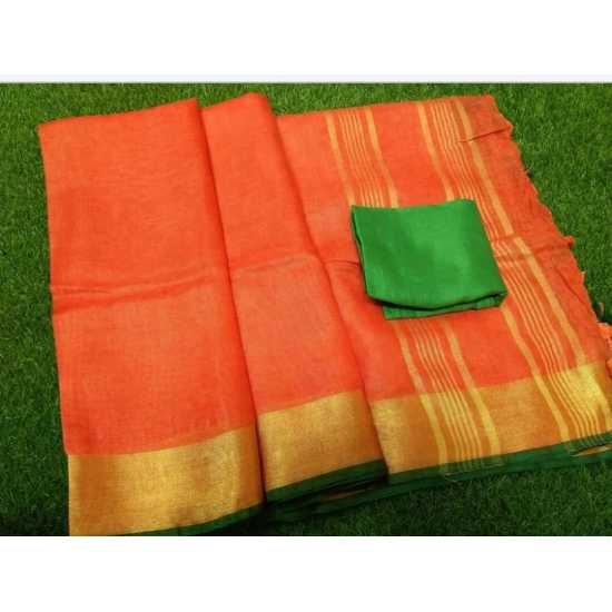 100% Pure Linen by Linen Saree with Running Blouse Piece